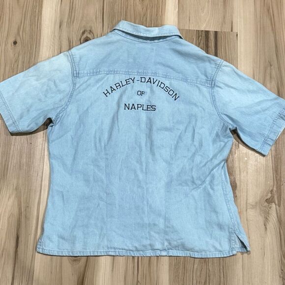 Harley Davidson Vintage Embroidered Naples Button Down Denim Shirt Women’s Large - Picture 3 of 4